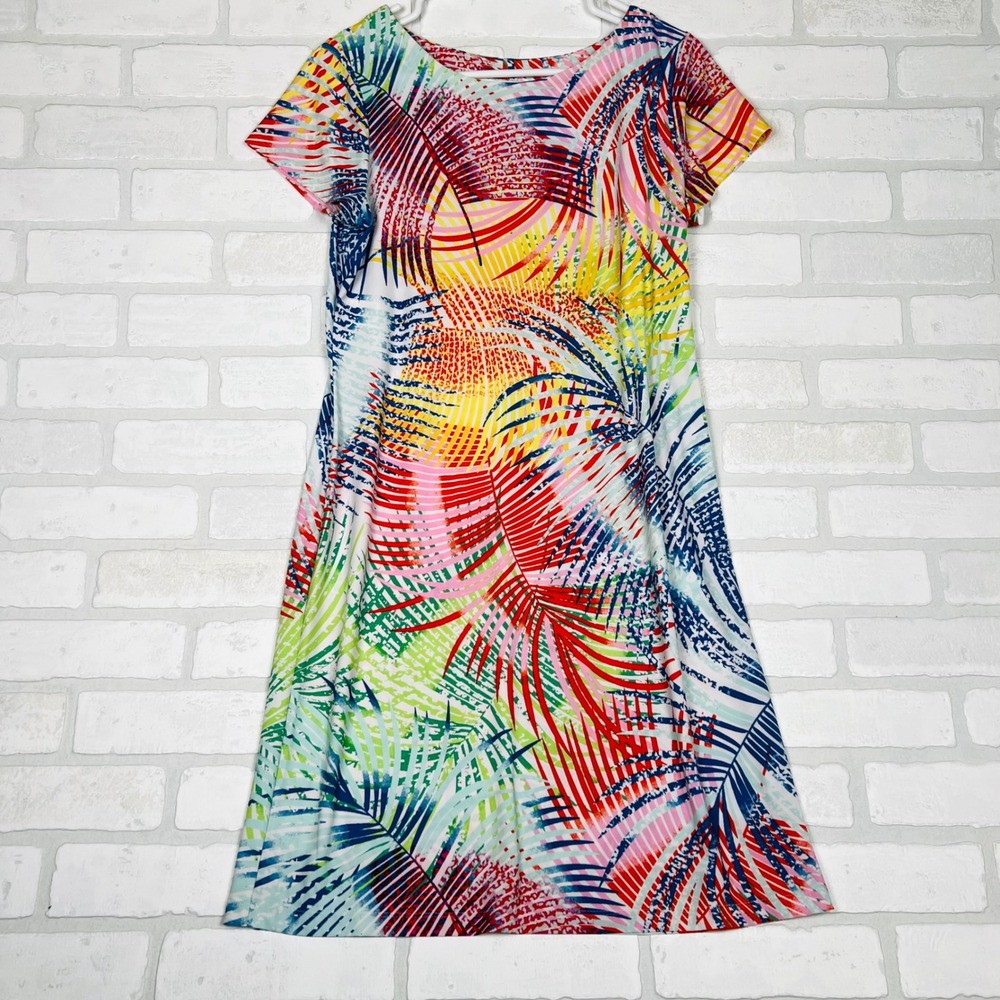 Pappagallo Womens Small Tropical Palm Leaf Print Shift Dress Short Sleeve Multi